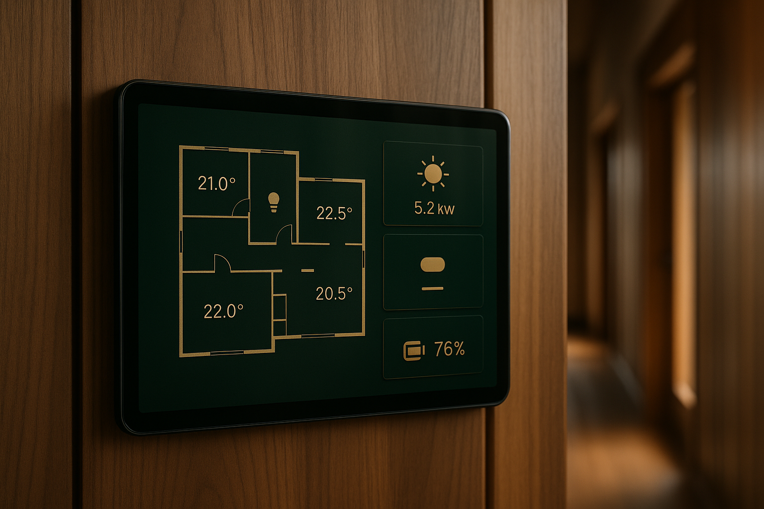 Wandtablet mit Grundriss, Raumtemperaturen und Energiefluss (Beispielansicht).